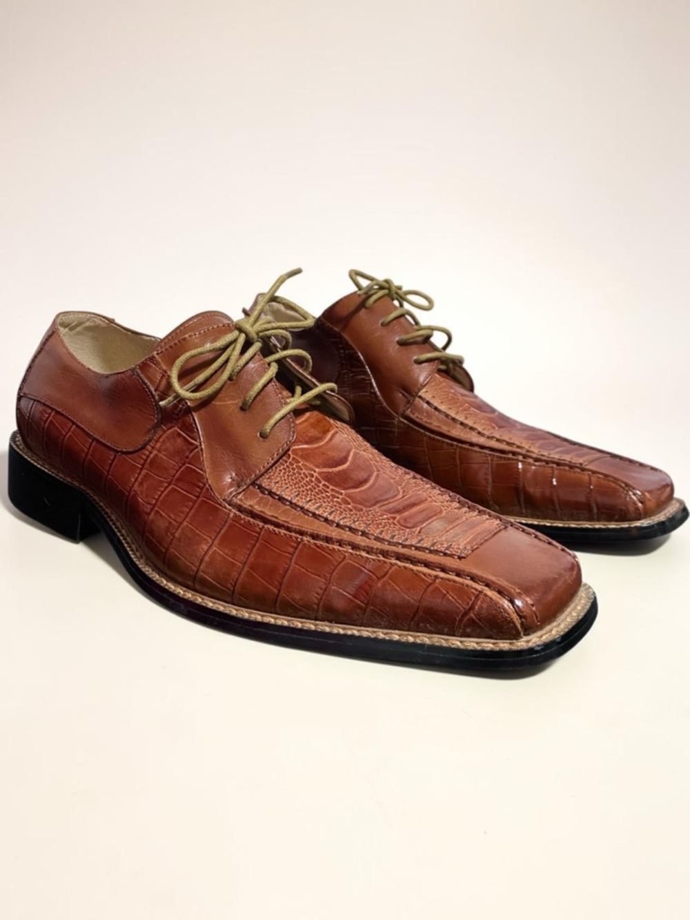 Stacy Adams Brown Cognac Croc Embossed Leather Oxford Shoes Mens 9.5M Square Toe - Picture 5 of 12